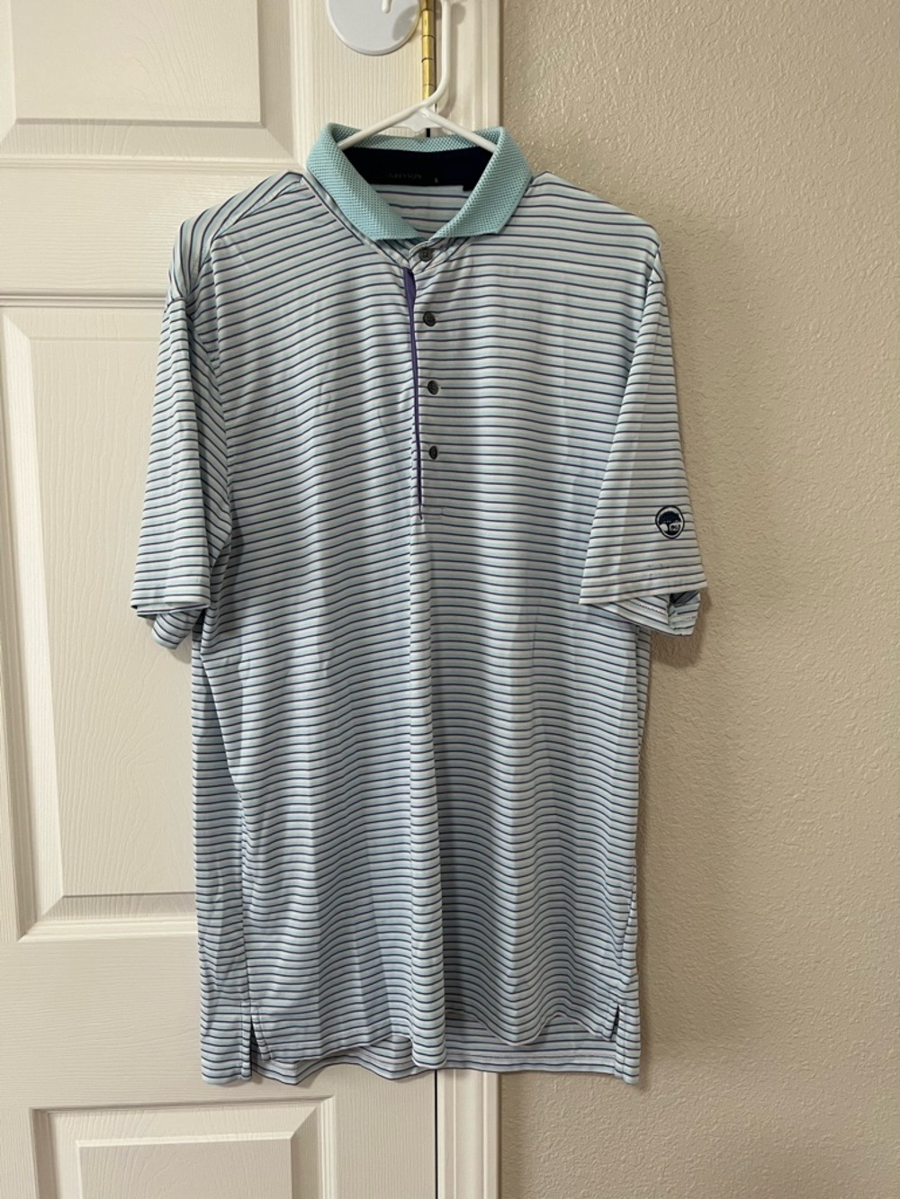 Greyson Men’s Light Blue Striped Performance Golf Polo Size Large